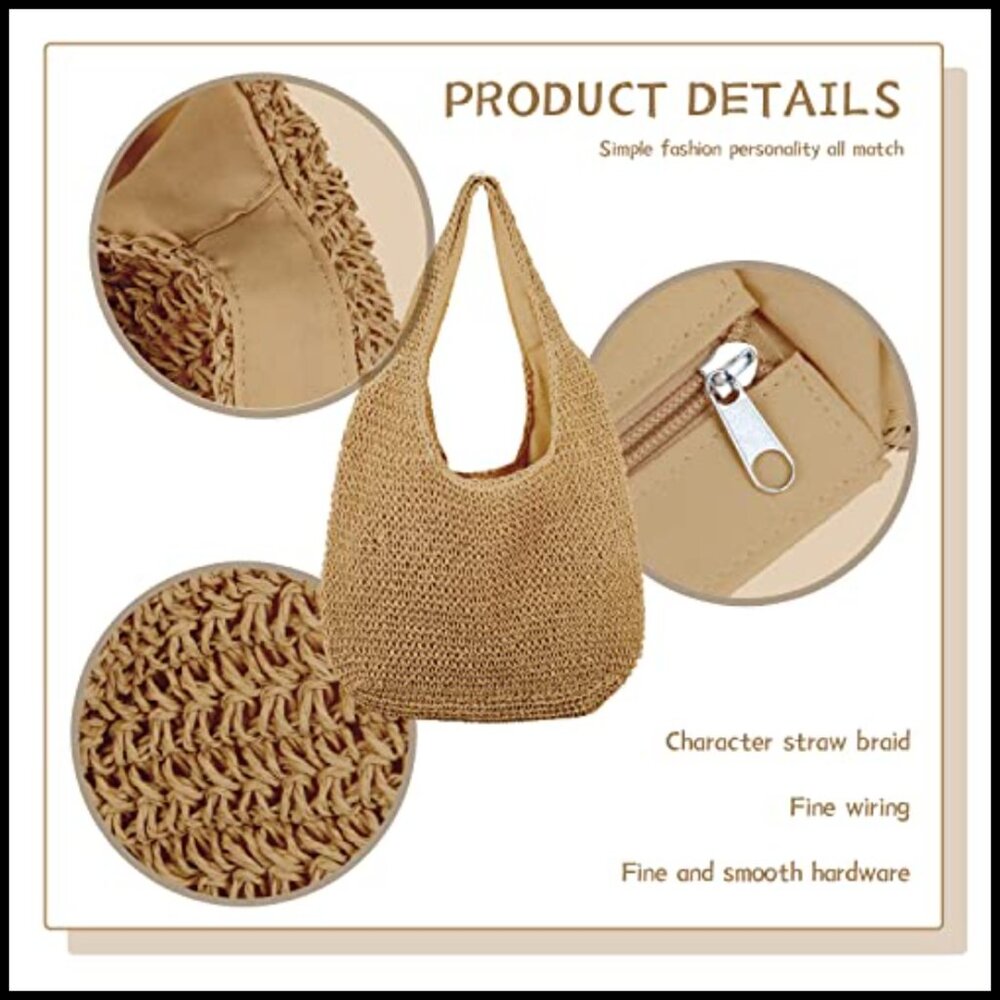 Straw Hobo Tote Bag Handwoven Rattan Retro Beach Summer Casual Purse - Picture 6 of 7
